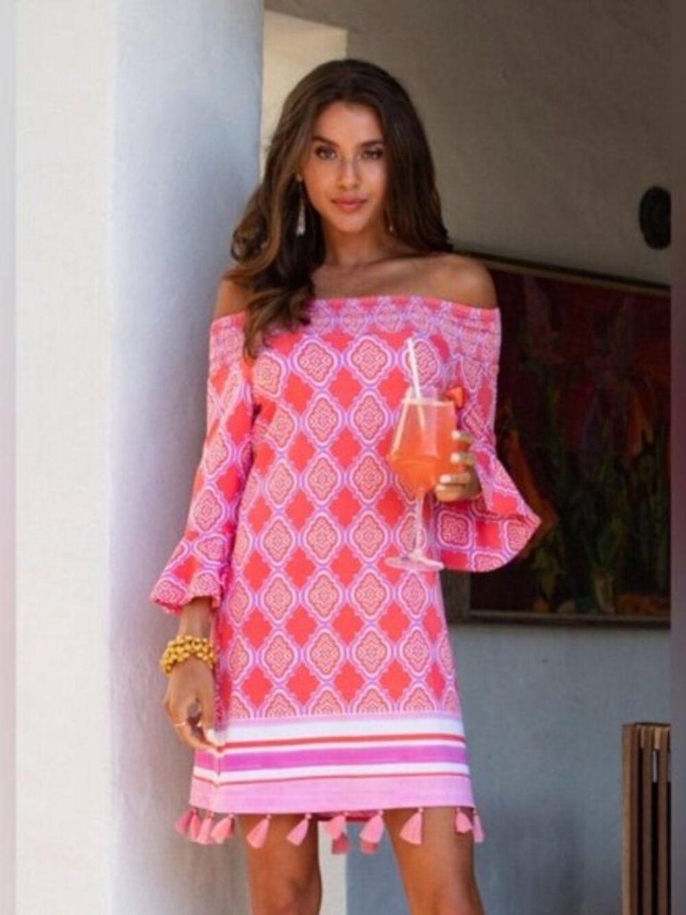 NWT Cabana Life Coral Geo Coverluxe Smocked Off the Shoulder Tassel Dress - Picture 3 of 13